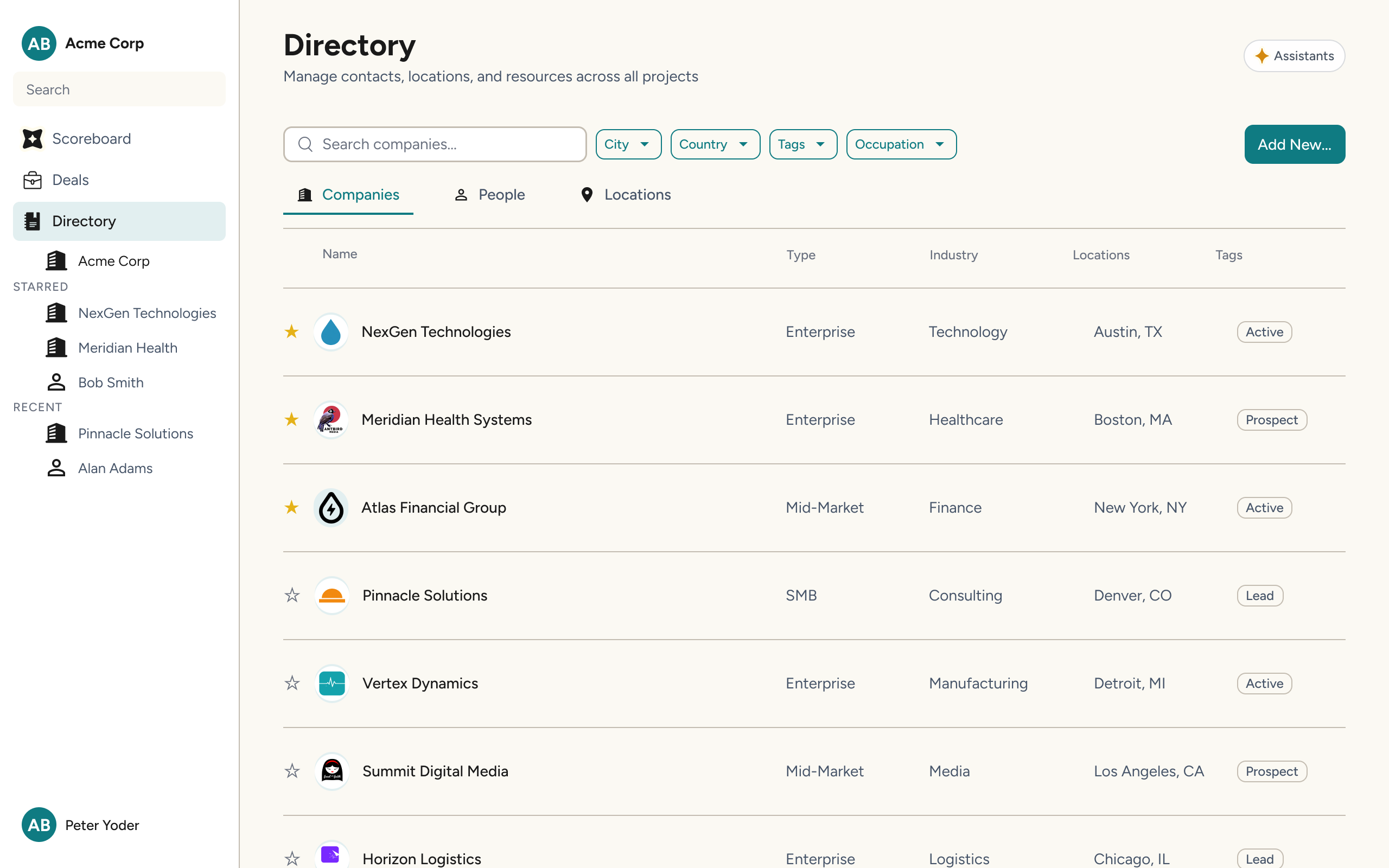 Companies directory view showing each account in the book of business with industry, location, and key contacts